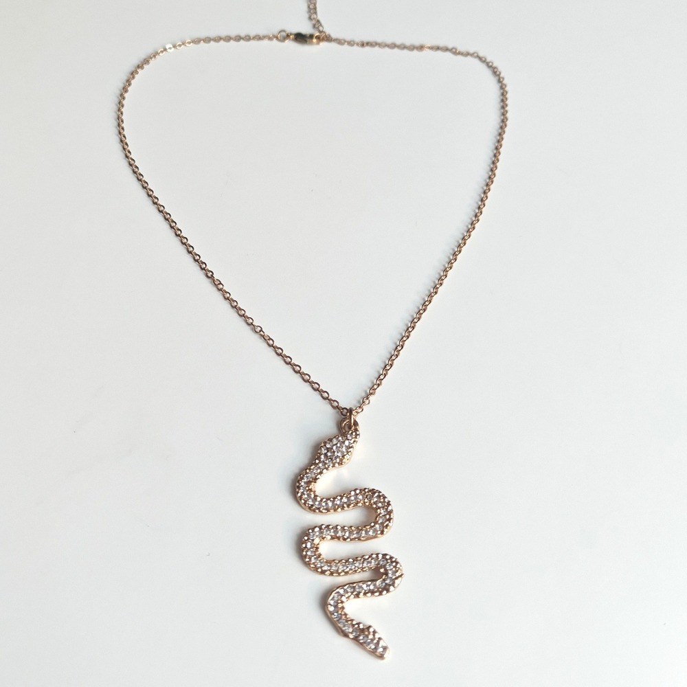 Gold Tone Rhinestone Crystal Snake Pendant Necklace Serpent Jewelry Bedazzled